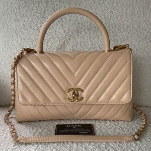 Authentic Chanel Coco Top Handle Nude Chevron Quilted Shoulder Bag GHW